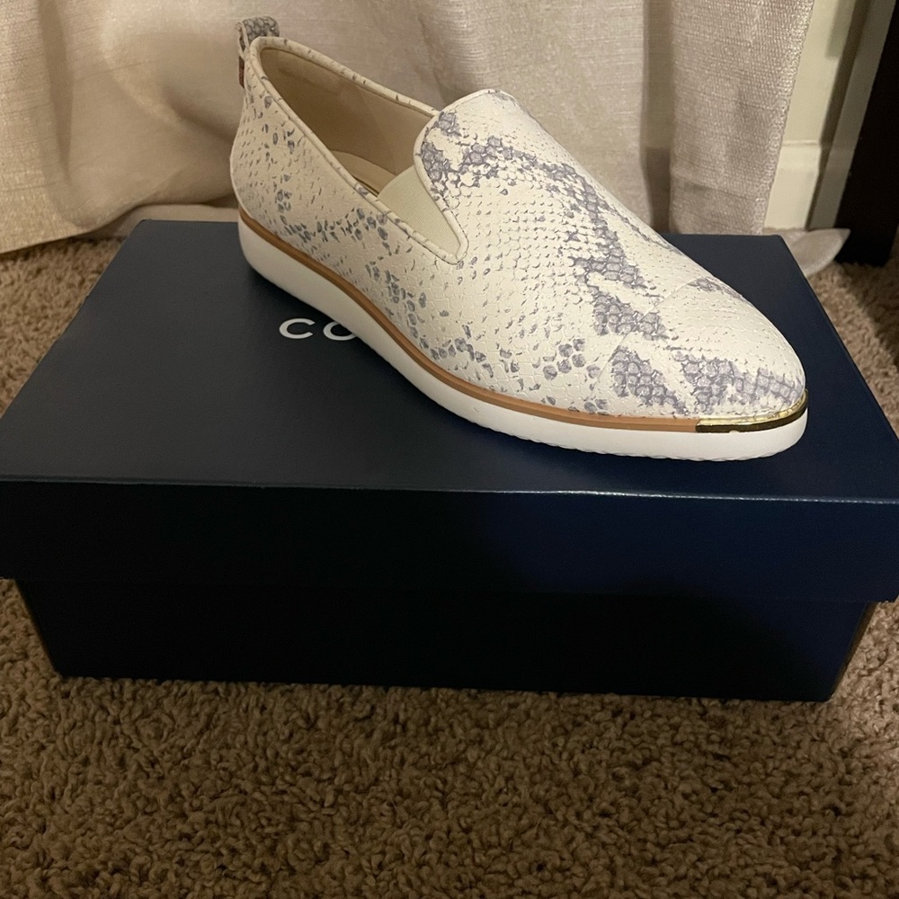 Cole Haan White and Gray Snake Print Loafers